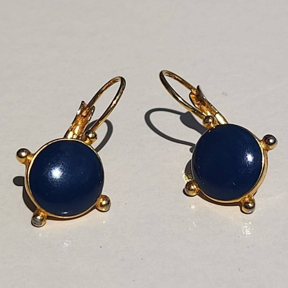Vintage Leverback Earrings  Navy Blue Gold Tone Round Cabochon